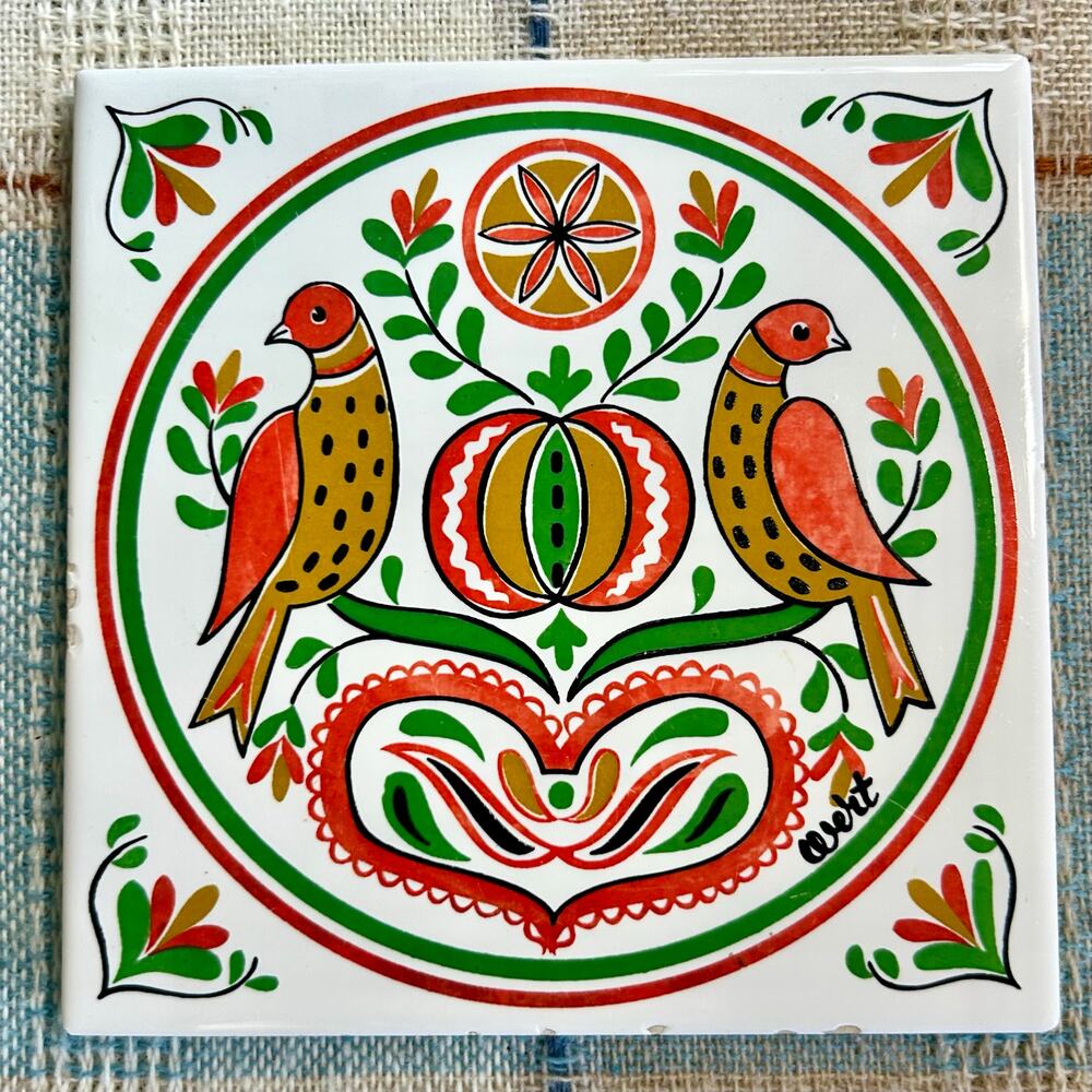 Vintage Ceramo Country Print Tile – 6” Hand Screened Folk Art with Birds